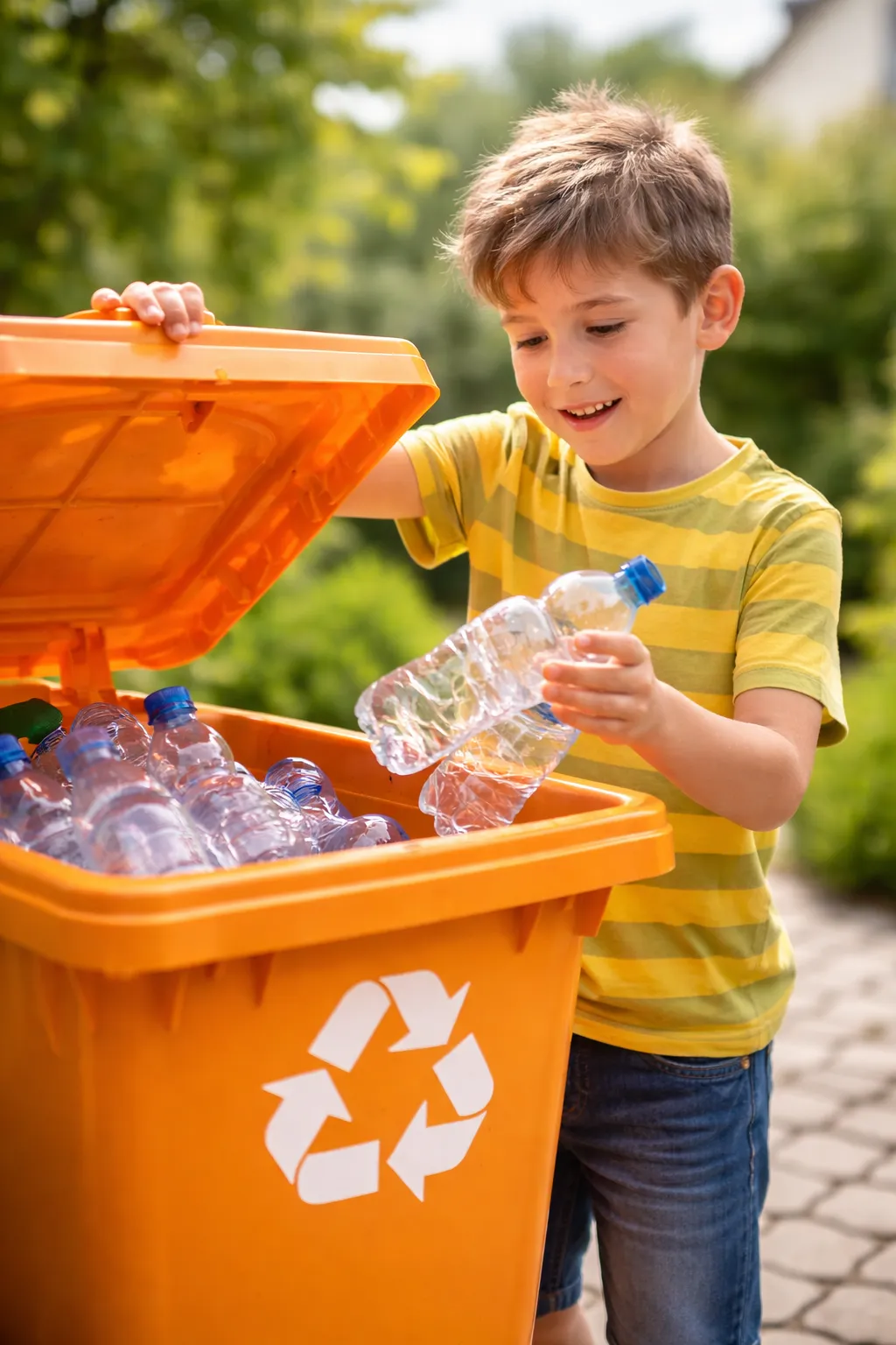 boy throwing plastic bottles in trashcan